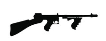 Thompson Sub Machine Gun Vector Silhouette Illustration Isolated On White Background. WW2 USA Soldier Rifle Shape. Tommy Gun, Mafia Boss Weapon During Prohibition Battle Symbol.