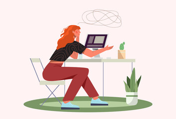 Poster - tired employee in workplace abstract concept. young woman overloaded with tasks working on computer 