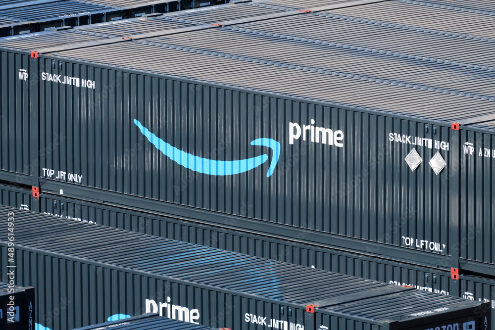 Everett, WA, USA - February 25, 2022; Stack of branded Amazon Prime ...