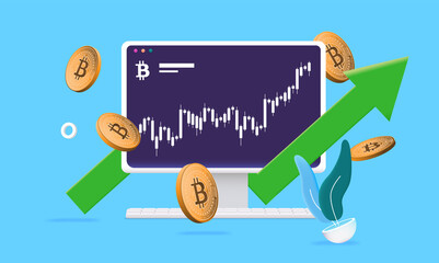 Poster - Bitcoin trading success - Computer screen with chart and green arrow pointing up. Vector illustration