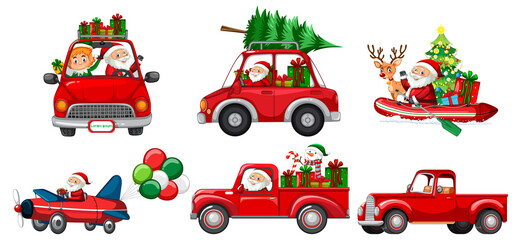 Canvas Print - Set of different Christmas cars and Santa Claus characters