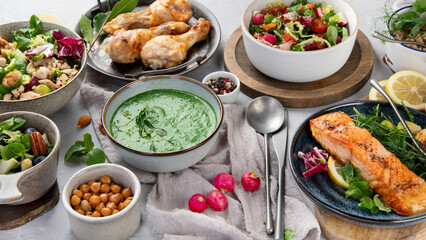 Healthy food assortment on light background.