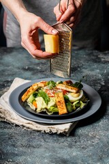 Wall Mural - Woman hands grating cheese in salad with salmon, vegetables and croutons. Mediterranean Kitchen. Healthy diet. Vertical shot. Copy space