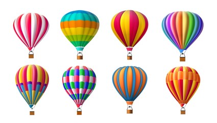 realistic airship. colorful hot air balloon with basket in flight. striped dome. sky transportation.