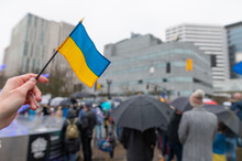 Ukrainian Flag On The Background Of The Rally. No War. Support For Ukraine