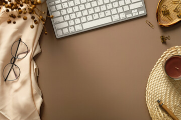 Fototapete - Aesthetic feminine workspace with keyboard, candle, dried flowers, glasses, office supplies. Stylish home office desk table. Flat lay, top view.