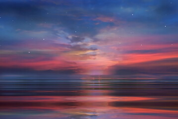 starry night sky blue sunset pink yellow cloudy sky sun down clouds reflection on sea water nature s