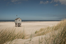 Wooden Beach Shelter Hut On The Shore In Dunes Of Dutch Island Terschelling