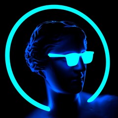 Poster - 3D illustration of a Venus Goddess with a sunglasses and neon halo around the head.