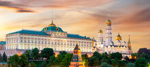Grand Kremlin Palace And Towers Of Moscow Kremlin At Sunset, Russia
