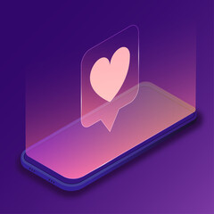 Phone with glowing Like icon on screen. Isometric phone with heart sign. 'Like' notification message from social networks. Vector illustration.