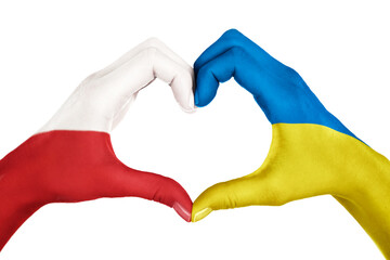 Human hands, painted in the Poland and Ukraine flags,  forming heart shape isolated on white background