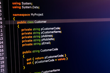 C sharp programming language source code example on monitor, C# source code.