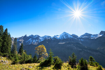 Wall Mural - Alpine landscape with snowy rocky mountains at a sunny day in autumn. Allgau Alps. Bavaria, Germany, Europe