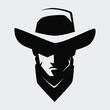 Cowboy outlaw portrait symbol on gray backdrop. Design element