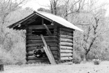 Wooden Log Building Barn Shed Steel Structure Rusty Roof Storage Shelter Black And White Outbuilding