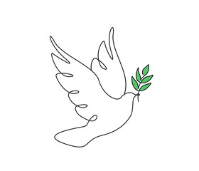 Wall Mural - One continuous line drawing of flying dove with green olive twig. Bird and branch symbol of love peace and freedom in simple linear style. Pigeon icon. Doodle vector illustration