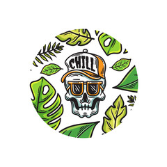 Sticker - skull wearing hat and glasses with tropical leaves ornament illustration