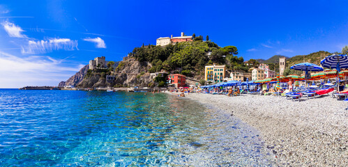 Poster - Italian summer holidays - Monterosso al Mare . view of beach and castle above, national park Cinque terre, Liguria, Italy