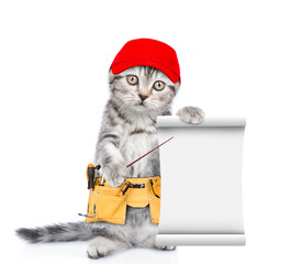 Poster - Funny cat wearing red cap and toolbelt holds empty list.  Isolated on white background