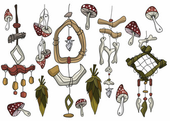 A set of mystical and magical elements. Vector illustration. Items for divination and magic. A bunch of grass, a dream catcher, mushrooms, fly agarics, bones, objects for . A symbol of witchcraft.