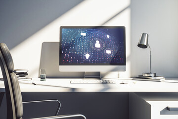 Poster - Modern computer display with social network icons concept. Networking concept. 3D Rendering