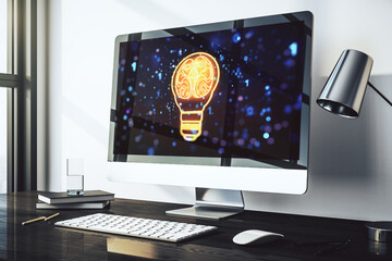 Aufkleber - Creative idea concept with light bulb and human brain illustration on modern laptop screen. Neural networks and machine learning concept. 3D Rendering