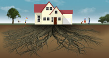 A Family And Their Home Have Put Down Deep Roots In This 3-d Illustration Of A House With Tree Roots.