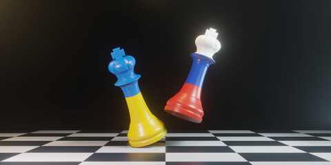 Wall Mural - King chess Battle between Ukraine and Russia on chess board for political conflict and war concept. War between Ukraine and Russia. 3d render illustration