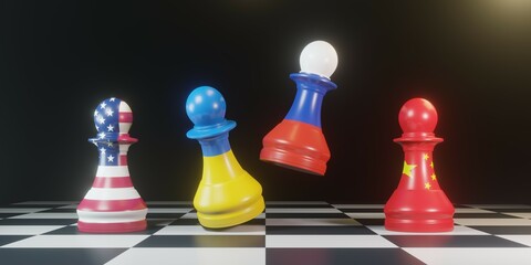 Wall Mural - Battle pawn chess between Russia and Ukraine with USA and China chess standing for both countries political conflict and war concept by 3d rendering technique. 3d render illustration