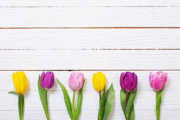 Wall Mural - bouquet of tulips on white wooden background