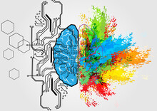 Abstract Vector Brain Left And Right With Circuit And Splash Color For Human Concept. Creative And Logic For Brain Concept Background. Illustration Vector Design