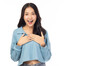 © Nutlegal - Surprised happy beauty asian woman looking camera in excitement with happy and smile face Expressive facial expressions. Beautiful girl act like a satisfied product Isolated on yellow background
