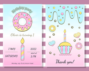 Happy birthday vertical invitation card with donuts. Vertical invitation card for birthday celebration. Web design or printing..