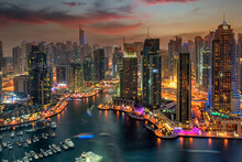 Aerial Skyline Of Dubai Marina Residential Area, Dubai, United A