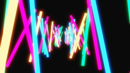 Wall Mural - Geometric glowing lines, connections, moving neon lights against of dark background. Laser lines glow. Neon background business and science concept