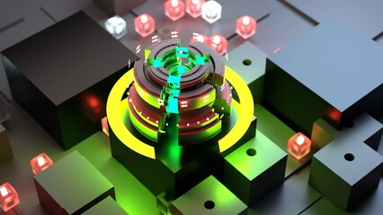 Wall Mural - Electronic circuit board close up, computer chip, mother board with neon lights, 3D rendering 
