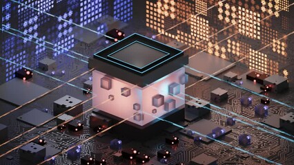 Wall Mural - Electronic circuit board close up, computer chip, mother board with neon lights, 3D rendering 