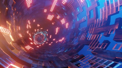 Wall Mural - Sci fi technology background, Futuristic sci-fi corridor with metal shapes and glowing neon lights. Abstract technology background. 3D rendering