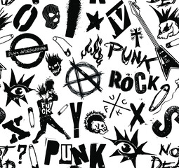 Wall Mural - Vector black and white seamless pattern of punk and anarchy symbols, skulls, guitars and typography design in the style of 70s punk rock style.