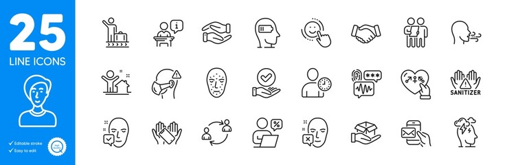 Outline icons set. Clean hands, Online discounts and Helping hand icons. Handshake, Smartphone holding, New house web elements. Face biometrics, Weariness, Breathing exercise signs. Vector