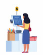 Woman Character in Supermarket Stand at Checkout Self Service with Pos Terminal for Cashless Paying for Grocery Purchases. Contactless Payment, Contemporary Technologies. Vector Illustration.