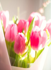  Beautiful bouquet of pink tulips. Selective focus. Spring still life