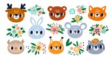 Fototapeta Pokój dzieciecy - Cute animals faces. Little forest characters. Funny muzzles. Wildlife creatures heads with flowers. Deer and mouse. Blooming plants bouquet. Raccoon and bunny. Vector Scandinavian fauna set