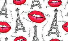 Eiffel Tower And Red Kiss Lips Seamless Pattern Texture Background Love And Romance Design For Fashion Graphics, Textile Prints, Decors, Wallpapers Etc