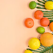 © Long Frame - Summer tropic arrangement with palm leaves and fresh organic citurs fruits on beibe gackground. FLat lay creative exotic copy space