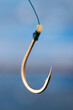 Fishing hook close up on a blue background.