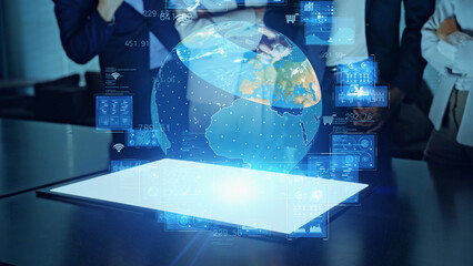 Aufkleber - Group of people watching hologram of the earth. Global network.