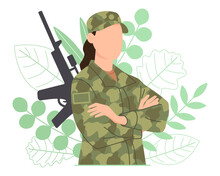Woman In Military Clothes On A Background Of Green Leaves With A Weapon. Young Girl In An Army Soldier's Suit. Vector Illustration