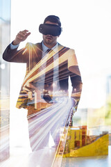 Aufkleber - Business in the age of virtual reality. Multiple exposure shot of a businessman wearing a VR headset while working in his office.